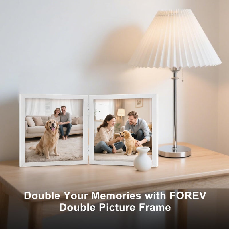 Forev 5x5 Double Picture Frame Wooden Hinged Photo Frame Definition Glass Stand Vertically on Desktop or Tabletop White - Image 3